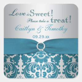 TRYCKT RIBBON Silver, Teal Damask Candy Buffet Fyrkantigt Klistermärke