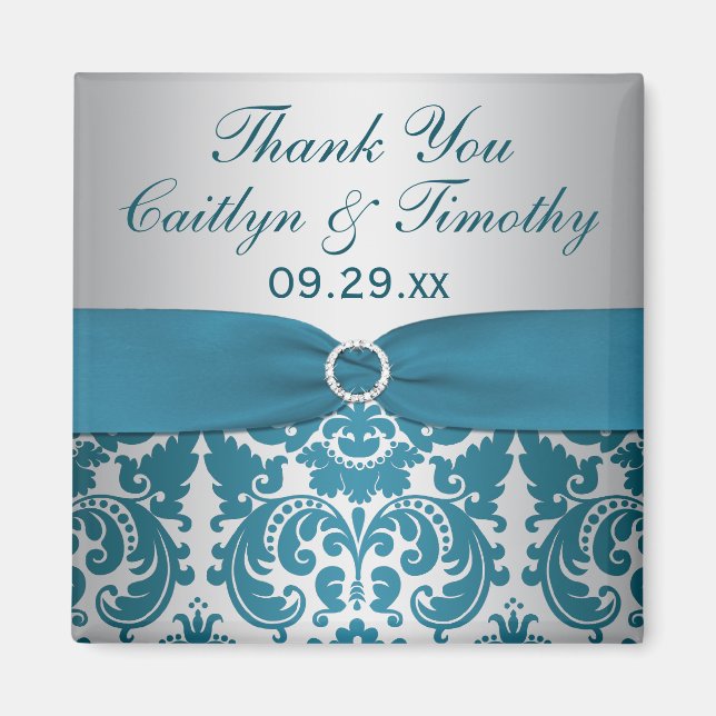 TRYCKT RIBBON Silver, Teal Damask Wedding Favor Magnet (Framsidan)