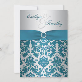 TRYCKT RIBBON Silver, Teal Damask Wedding Inbjudan