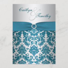 TRYCKT RIBBON Silver, Teal Damask Wedding Inbjudan