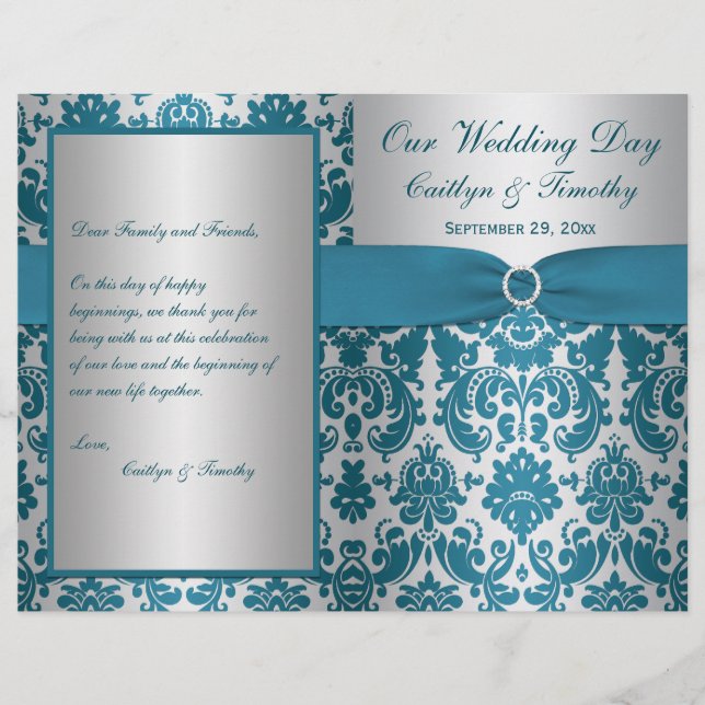 TRYCKT RIBBON Silver, Teal Damask Wedding Program (Framsida)