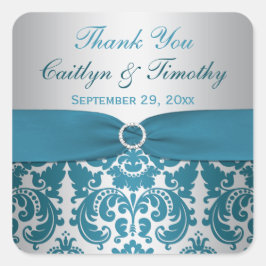 TRYCKT RIBBON Silver, Teal Damask Wedding Sticker Fyrkantigt Klistermärke