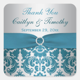 TRYCKT RIBBON Silver, Teal Damask Wedding Sticker Fyrkantigt Klistermärke