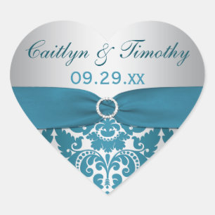 TRYCKT RIBBON Silver, Teal Damask Wedding Sticker Hjärtformat Klistermärke