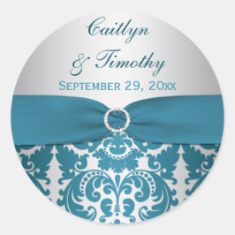 TRYCKT RIBBON Silver, Teal Damask Wedding Sticker Runt Klistermärke