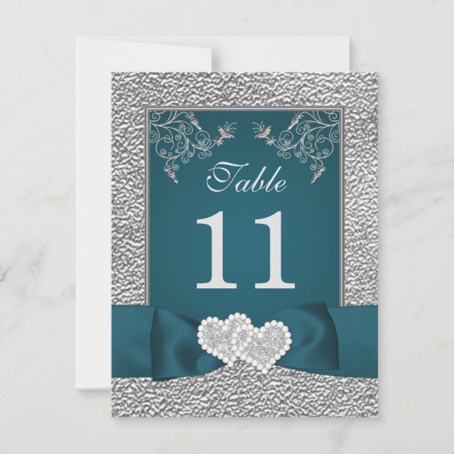 Tryckt RIBBON Teal Grått Gått med Hearts Bord Card Inbjudningar (Framsida)