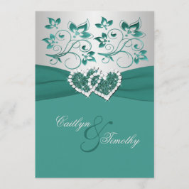 Tryckt RIBBON Teal Silver Gått med Hearts Inbjudan