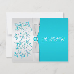 TRYCKT RIBBON-turkos, Silver Blommigt OSA kort