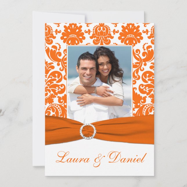 Tryckt RIBBON White, Orange Damask Wedding Inbjuda Inbjudningar (Framsida)