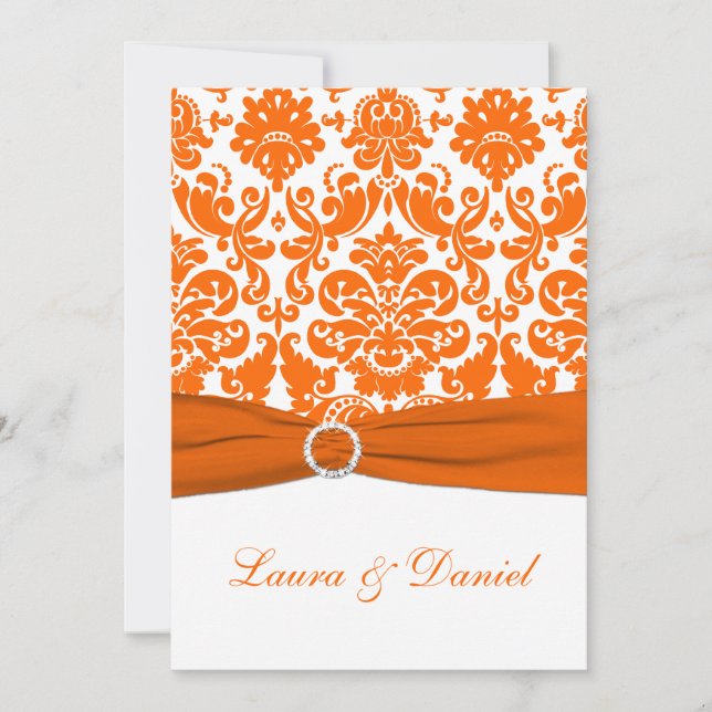 Tryckt RIBBON White, Orange Damask Wedding Inbjuda Inbjudningar (Framsida)