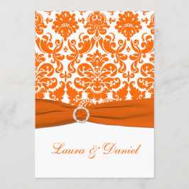 Tryckt RIBBON White, Orange Damask Wedding Inbjuda Inbjudningar
