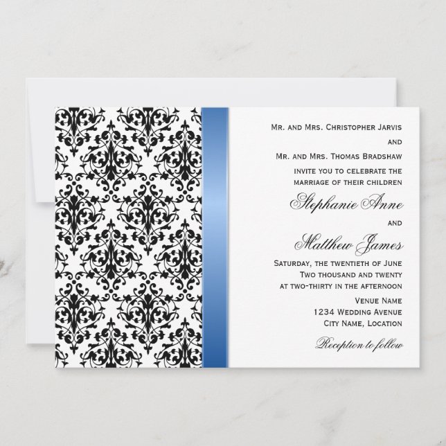 Tryckt Royal Blue Ribbon and Damask Wedding Inbjudningar (Framsida)