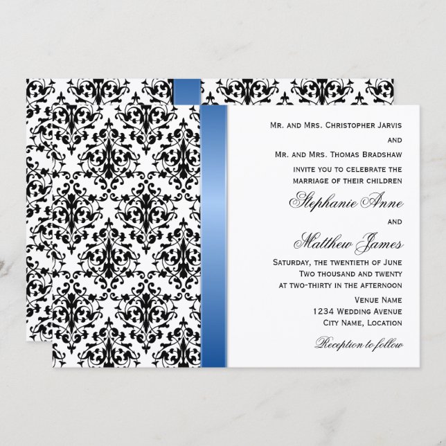 Tryckt Royal Blue Ribbon and Damask Wedding Inbjudningar (Fram/baksida)