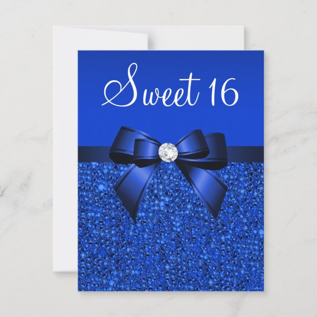 Tryckt Royal Blue Sequins, Bow & Diamond Sweet 16 Inbjudningar (Framsida)