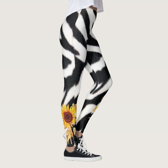 TRYCKT SVART VITE ZEBRA HUD MED SUNFLÖDEN LEGGINGS (Höger)