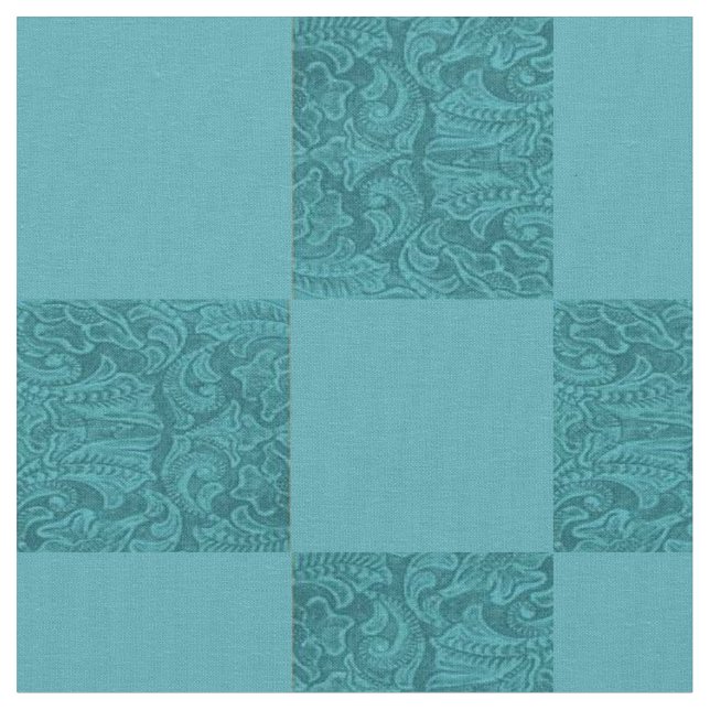 Tryckt tealblock med verktygspräglad läderlook tyg (Närbild)