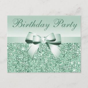 Tryckta Mint Grönt Sequins, Bow & Diamond Birthday Inbjudningar