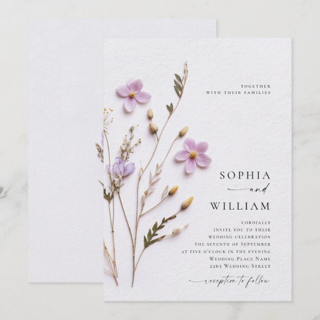 TRYCKTA Pressade Torra Pastell Boho Blommor Bröllo Inbjudningar (Fram/baksida)