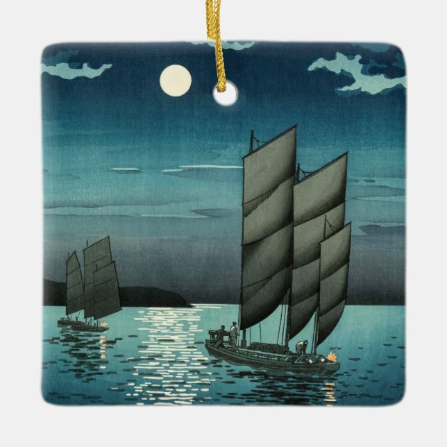 Tsuchiya Koitsu - Boats vid Shinagawa, Natten Julgransprydnad Keramik (Framsida)