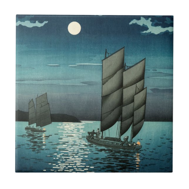 Tsuchiya Koitsu - Boats vid Shinagawa, Natten Kakelplatta (Framsidan)