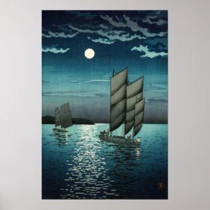 Tsuchiya Koitsu - Boats vid Shinagawa, Natten Poster
