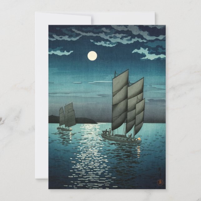 Tsuchiya Koitsu - Boats vid Shinagawa, Natten Tack Kort (Framsida)