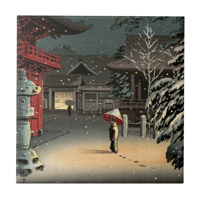 Tsuchiya Koitsu - Snö vid Nezu Shrine Kakelplatta (Framsidan)