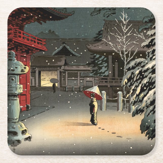 Tsuchiya Koitsu - Snö vid Nezu Shrine Underlägg Papper Kvadrat (Framsidan)