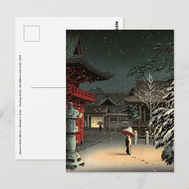 Tsuchiya Koitsu - Snö vid Nezu Shrine Vykort (Fram/baksida)
