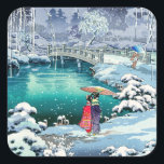 Tsuchiya Koitsu - Vår Snö vid Maruyama Fyrkantigt Klistermärke<br><div class="desc">Vår Snö vid Maruyama,  Kyoto (Haru no yuki,  Kyoto Maruyama) - Tsuchiya Koitsu,  Woodblock färg print,  1936</div>
