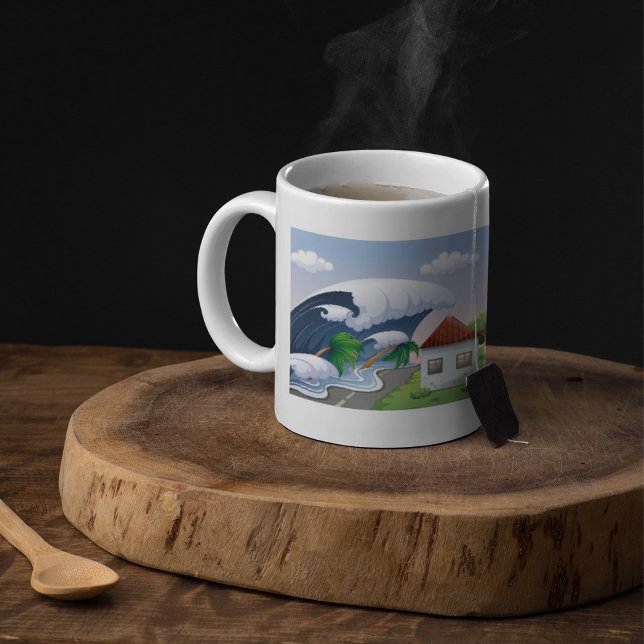 Tsunamivåg träffar kustvägen Tropisk storm Kaffemugg (Skapare uppladdad)