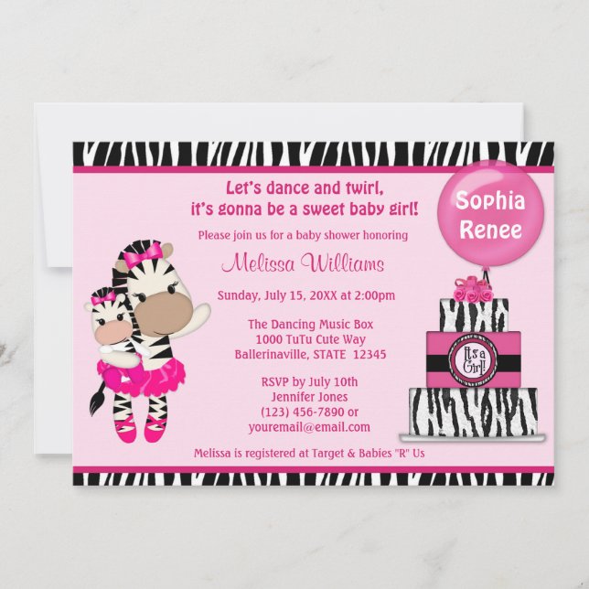 Tu Cute Baby Shower-inbjudan ZEBRA GIRL-Mamma Inbjudningar (Framsida)
