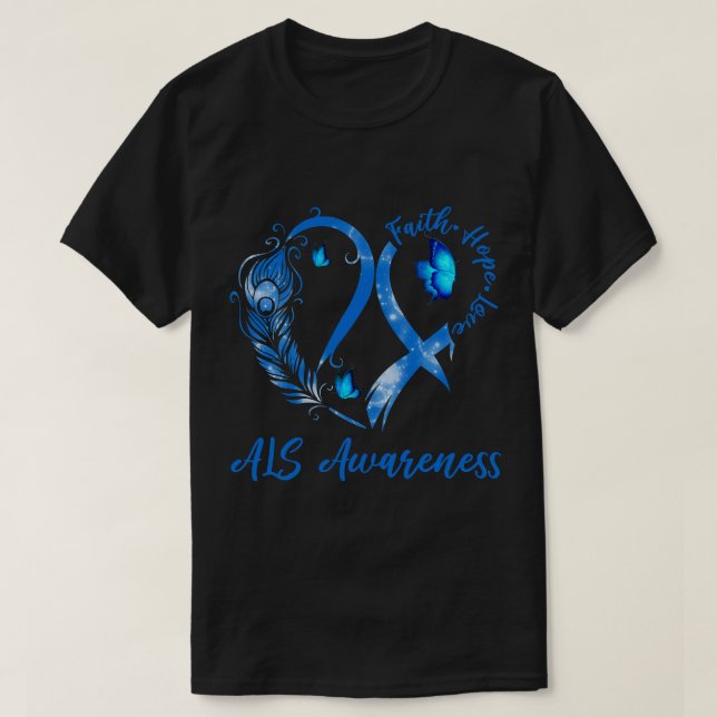 Tu Heart Butterfly Blue Ribbon ALS Awareness Månad T Shirt (Design framsida)