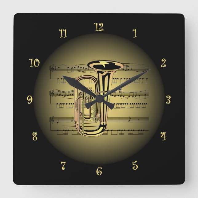 Tuba ~ 3-D Lakan Music ~ Guld & Black Background Fyrkantig Klocka (Framsida)