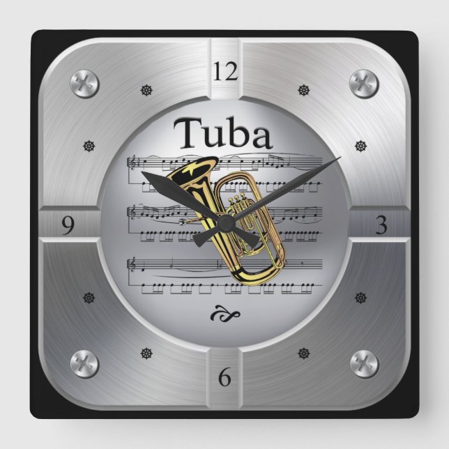 Tuba ~ Lakan Music ~ Brödd Silver Färg ~ Fyrkantig Klocka (Framsida)