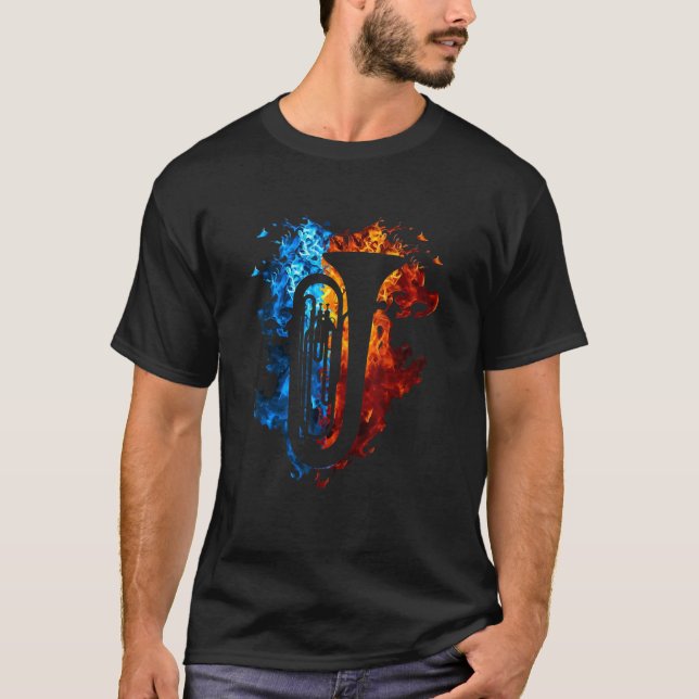Tuba Red Blue Fire Musical Instrument Fire Art T Shirt (Framsida)