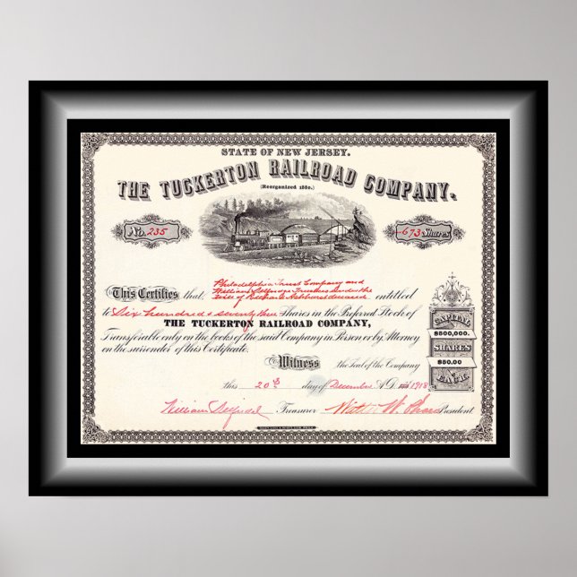 Tuckerton Railroad Company Lagrar Certificate 1918 Poster (Framsidan)