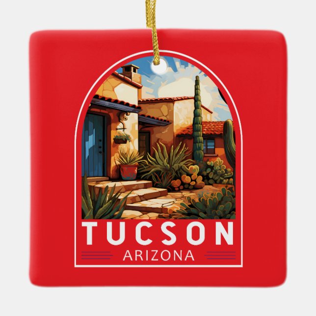 Tucson Arizona Travel Art Emblem Julgransprydnad Keramik (Framsida)