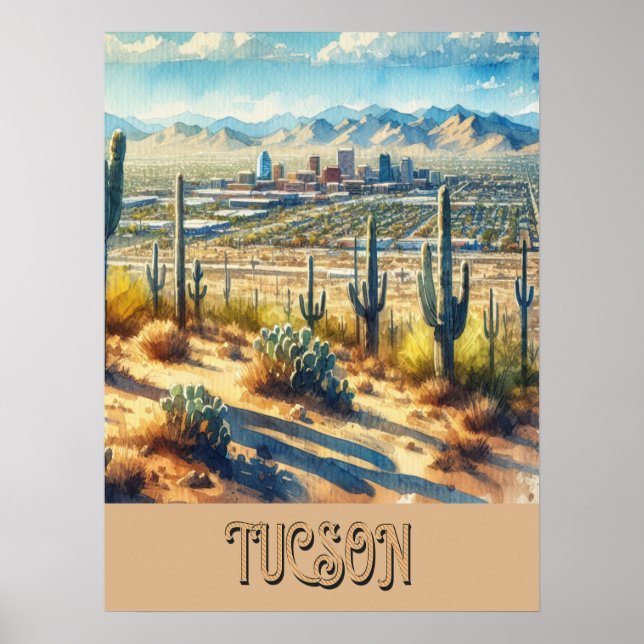 Tucson och Saguaro Watercolor Poster (Framsidan)