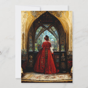 Tudor-kvinna i crimson gown tack kort