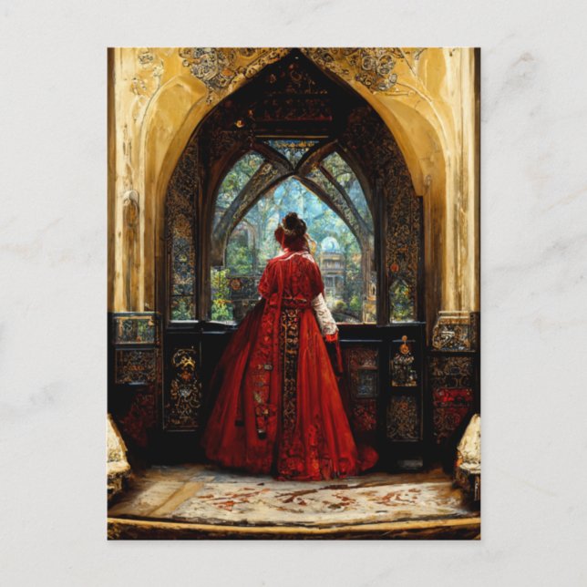Tudor-kvinna i crimson gown vykort (Framsida)