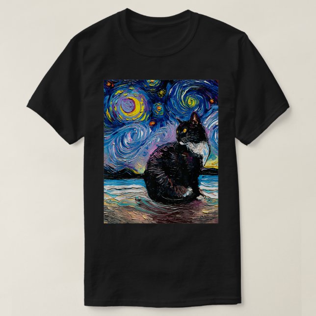 Tuedo Cat på Beach Starry Nattintsionist Art T Shirt (Design framsida)