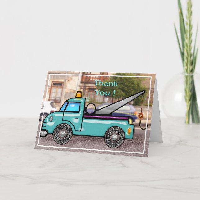 Tuff bogserbil på gatan tack kort (Framsida)