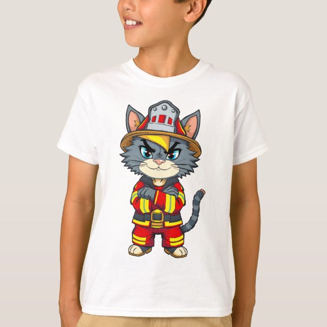 Tuff Firefighter Cat - 90:e Tecknaden Stil T Shirt (Framsida)