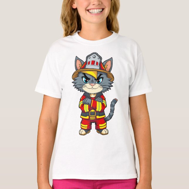 Tuff Firefighter Cat - 90:e Tecknaden Stil T Shirt (Framsida)