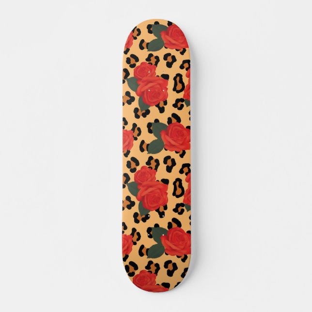 Tuff Girl Röd ros och Leopard Print Mini Skateboard Bräda 18,5 Cm (Framsida)