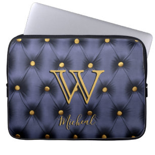 Tuffad marinblå och guldmonogram laptopfodral laptop fodral