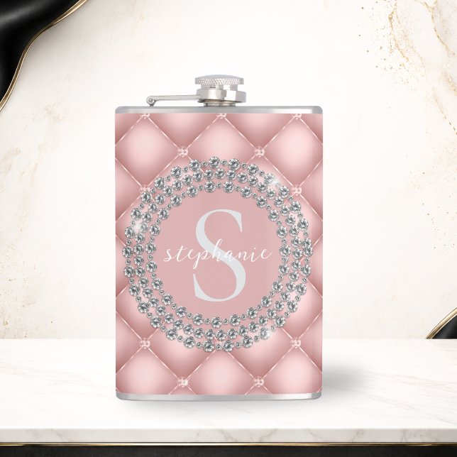 Tuffade Glittrande Diamanter Rosa Monogram Fickplunta (Tufted Sparkly Diamonds Blush Pink Monogram Flask)