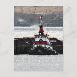 Tugboat på en mousserande flod vykort
