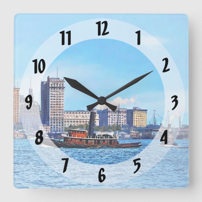 Tugboats Near the New York City Skyline c1906 Fyrkantig Klocka (Framsida)